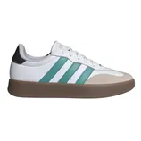 Adidas sneaker featuring white leather with teal stripes, beige suede accents, and a brown sole.