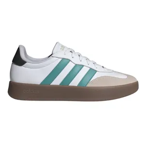 Adidas sneaker featuring white leather with teal stripes, beige suede accents, and a brown sole.