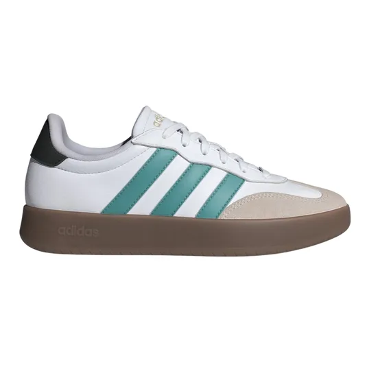Adidas sneaker featuring white leather with teal stripes, beige suede accents, and a brown sole.