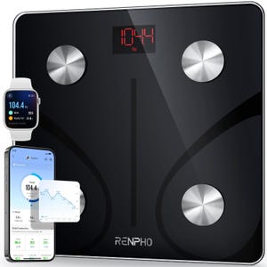 Digital scale from Renpho with a sleek black design integrates with a smartphone app and smartwatch, displaying weight, BMI, and body fat percentage.