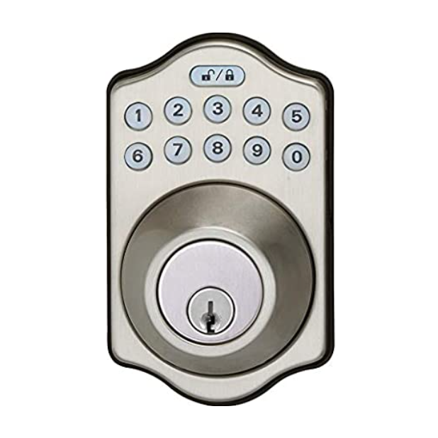 Electronic keypad deadbolt lock with a numeric keypad for keyless entry and a keyhole for manual operation. It features lock and unlock icons above the keypad.