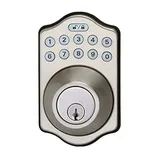 Electronic keypad deadbolt lock with a numeric keypad for keyless entry and a keyhole for manual operation. It features lock and unlock icons above the keypad.