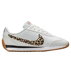 White athletic shoe with a leopard print Nike swoosh and a gum sole.