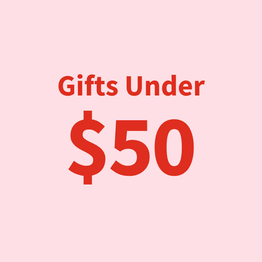 Text saying \“Gifts Under $50\“ in bold red font on a light pink background.