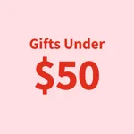 Text saying \“Gifts Under $50\“ in bold red font on a light pink background.