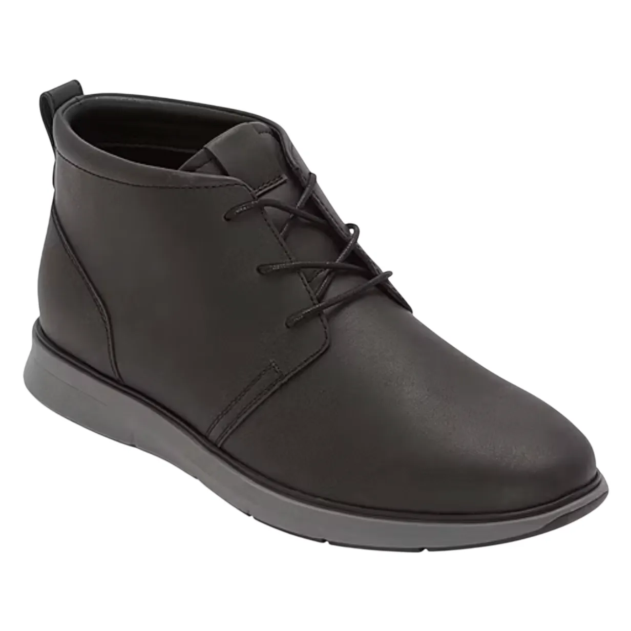 A black ankle boot with a lace-up design and a dark gray sole.
