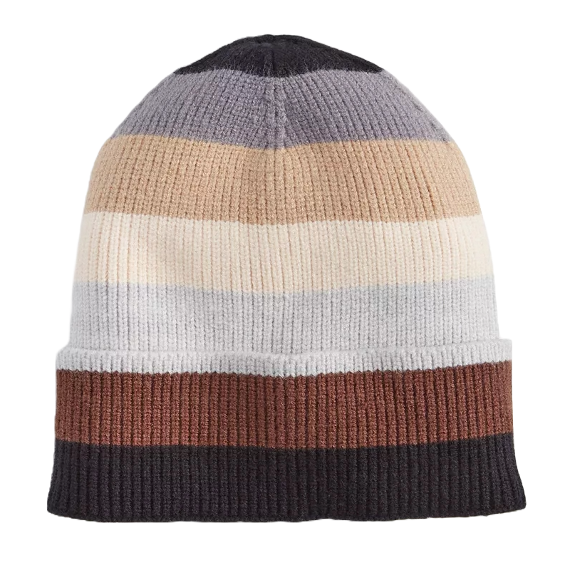 On 34th Colorblocked Cuffed Beanie features wide stripes of black, brown, gray, beige, cream, and light gray. It's a rib-knit design with a folded cuff for added warmth.