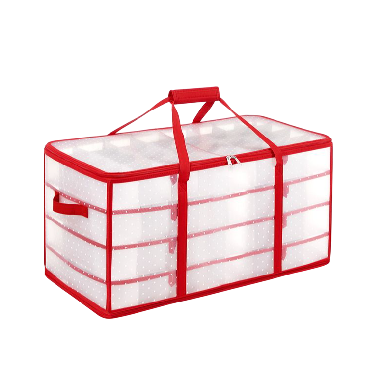 Red and transparent zippered storage container with handles, featuring multiple compartments for organizing items.