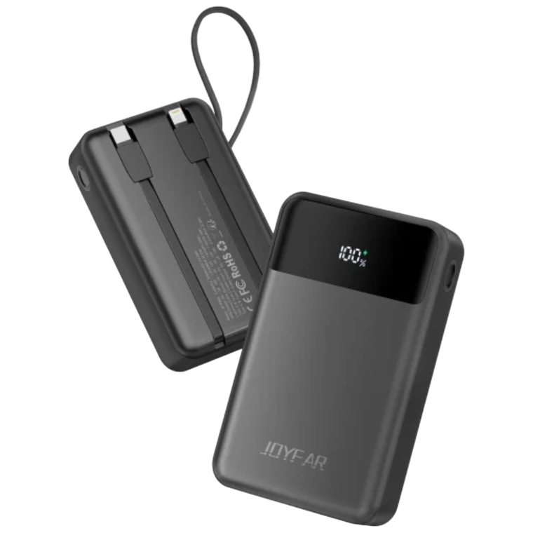 A compact power bank with an LED display showing a 100% charge and built-in cables for convenient device charging.