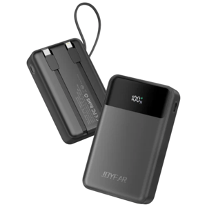 A compact power bank with an LED display showing a 100% charge and built-in cables for convenient device charging.