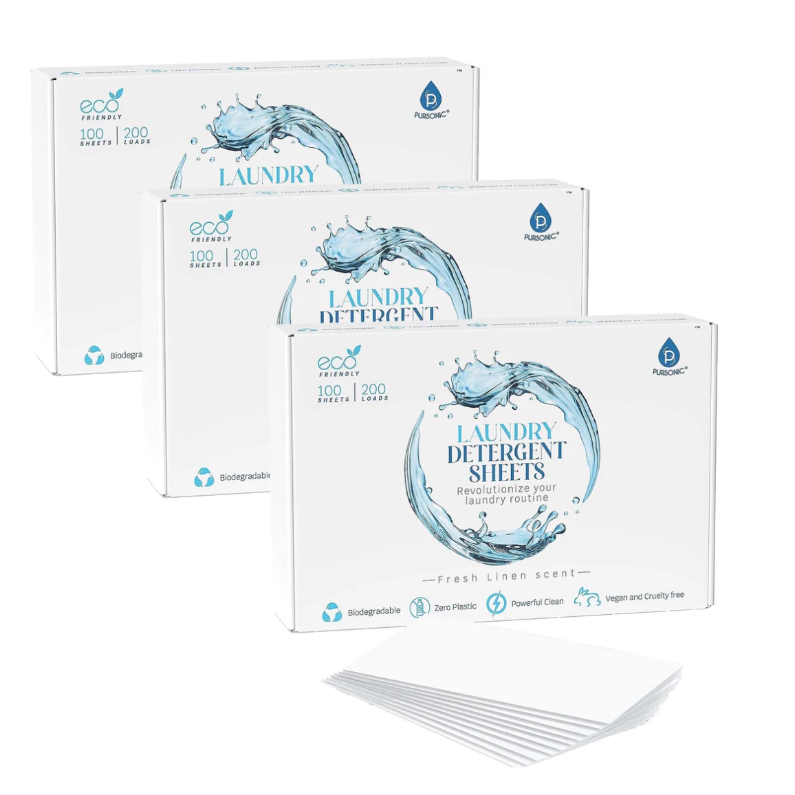 Pack of 300 eco-friendly laundry detergent sheets, featuring a fresh linen scent. Each pack contains 100 sheets for 200 loads, promoting zero plastic use, biodegradability, and a powerful clean, while being vegan and cruelty-free.
