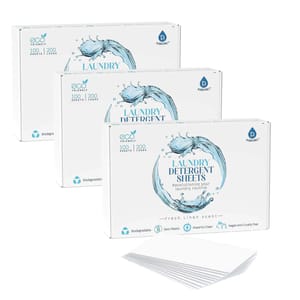Pack of 300 eco-friendly laundry detergent sheets, featuring a fresh linen scent. Each pack contains 100 sheets for 200 loads, promoting zero plastic use, biodegradability, and a powerful clean, while being vegan and cruelty-free.