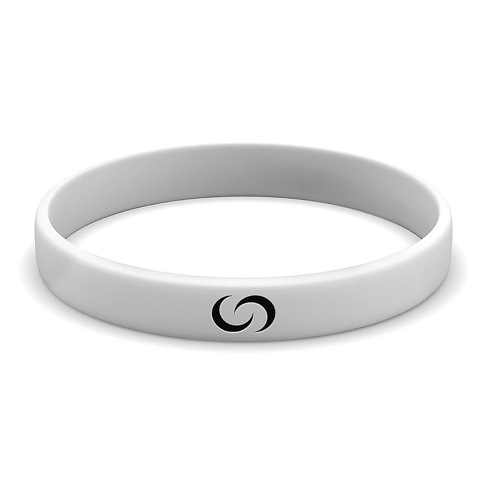 The image shows a white silicone smart band featuring a black circular logo.