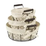 Three wire baskets with handles, lined with beige fabric and lace trim, stacked inside each other.