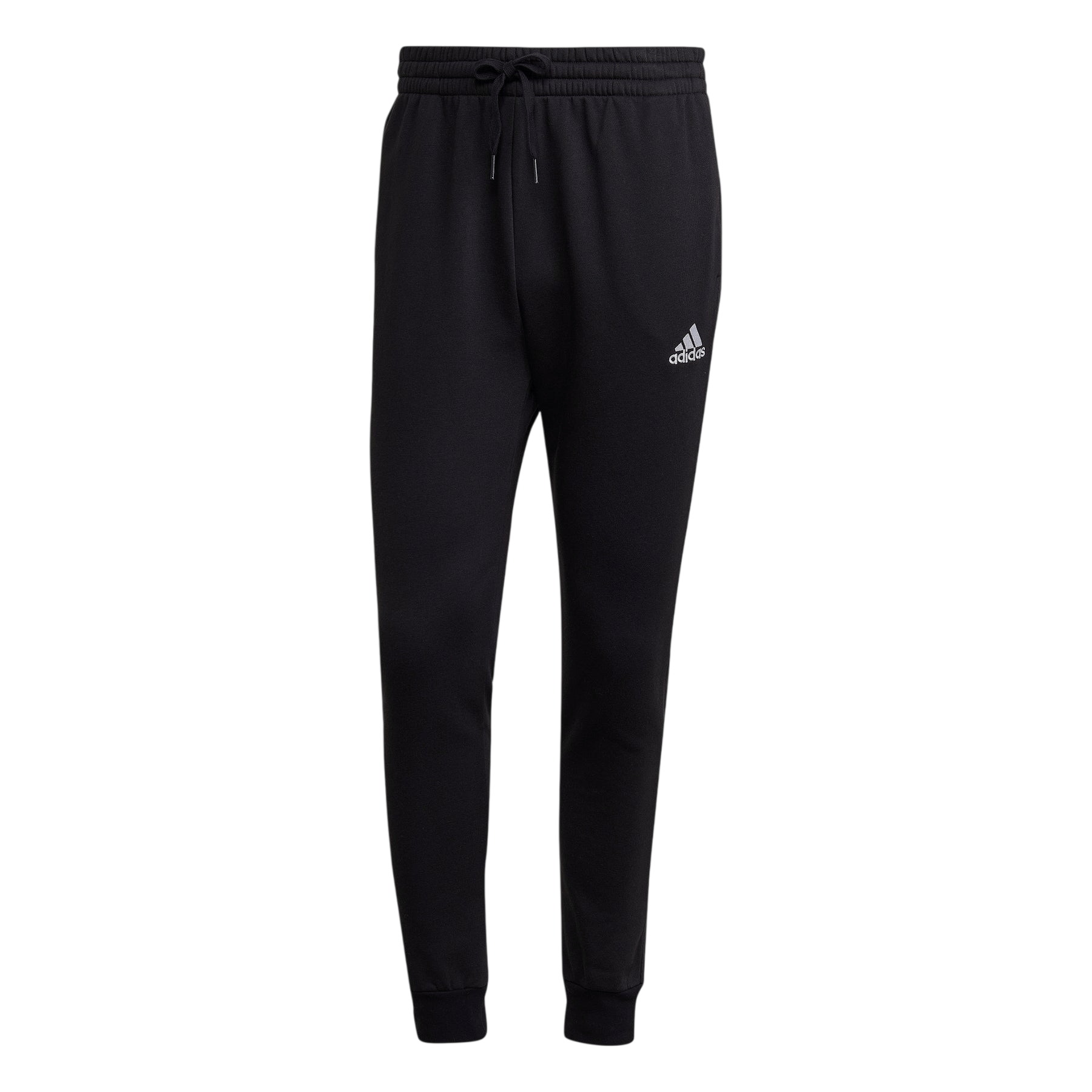 Black Adidas sweatpants with a drawstring waist and the Adidas logo on the thigh.