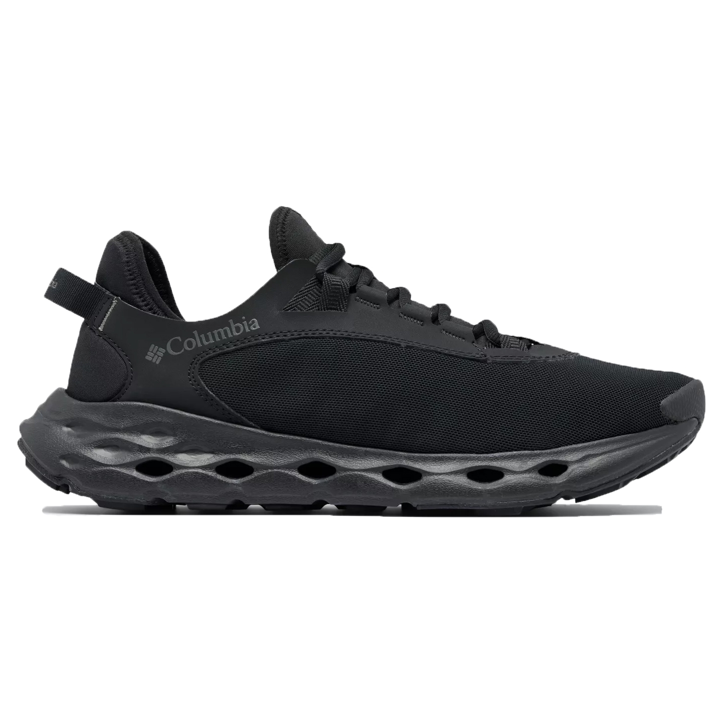 Black athletic shoe with mesh upper and cushioned midsole, featuring Columbia branding.