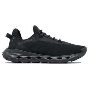 Black athletic shoe with mesh upper and cushioned midsole, featuring Columbia branding.