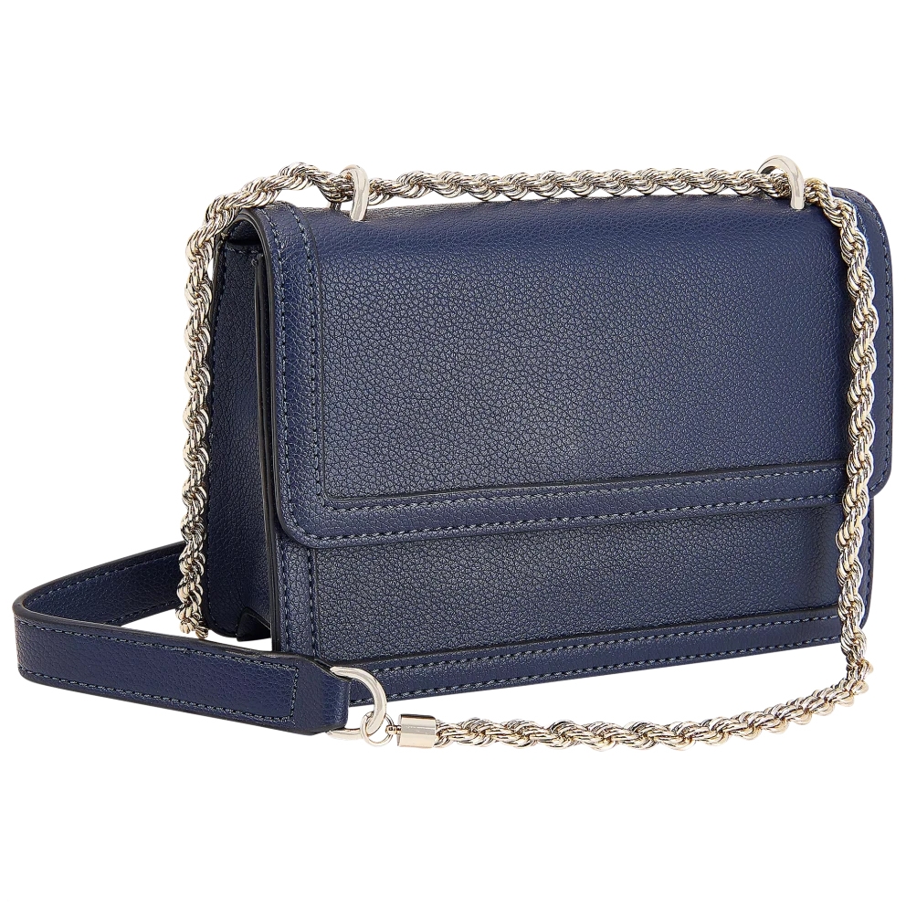 Navy blue crossbody bag with a pebbled texture, featuring a flap closure and a silver-tone rope chain handle.