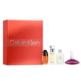 Calvin Klein fragrance gift set featuring five miniature bottles: Obsession, Eternity, CK One, Euphoria, and a display box.
