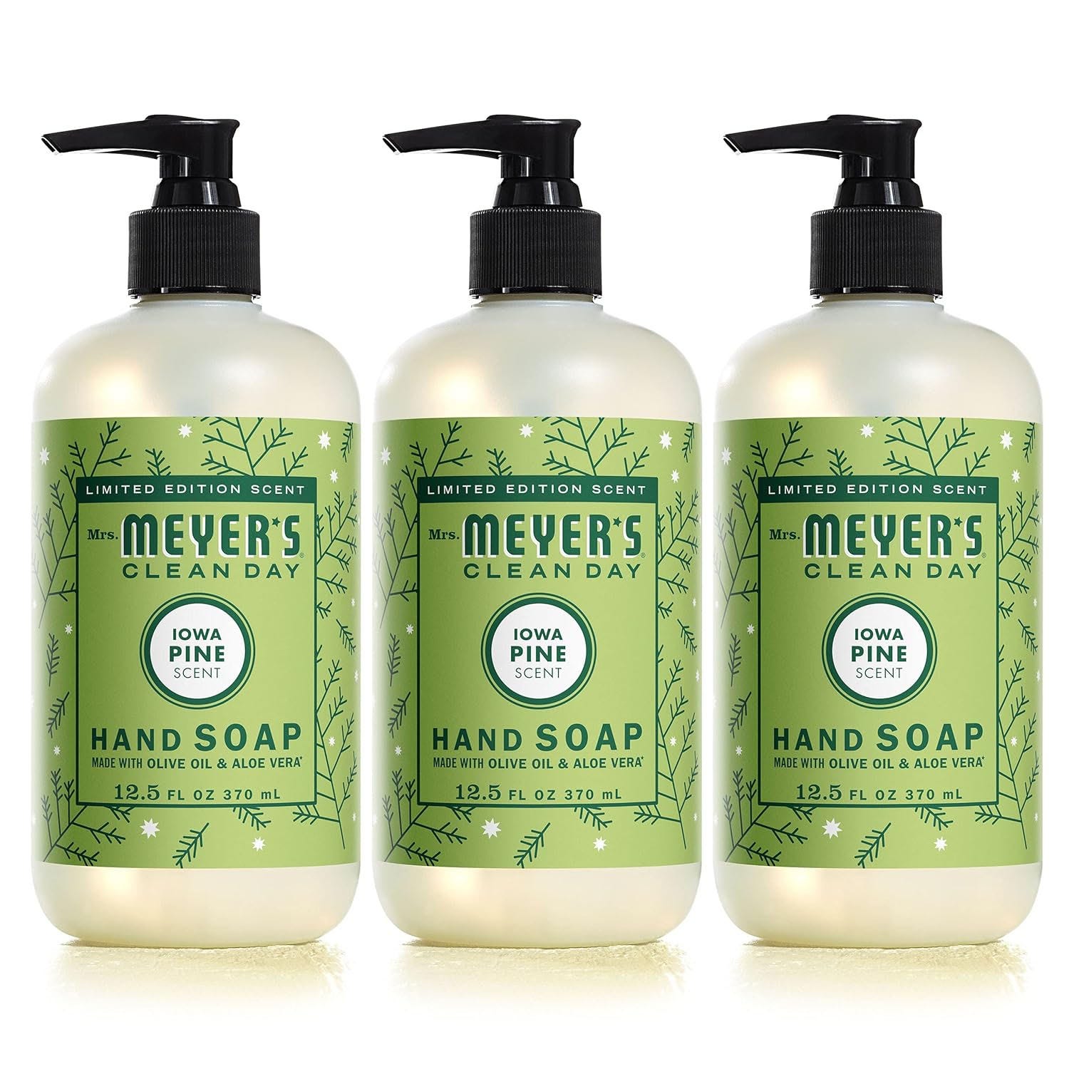3-pack Mrs. Meyer's Clean Day Iowa Pine Scent Hand Soap, featuring a limited edition fragrance made with olive oil and aloe vera, each bottle contains 12.5 fl oz (370 mL).