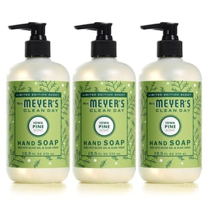 3-pack Mrs. Meyer's Clean Day Iowa Pine Scent Hand Soap, featuring a limited edition fragrance made with olive oil and aloe vera, each bottle contains 12.5 fl oz (370 mL).