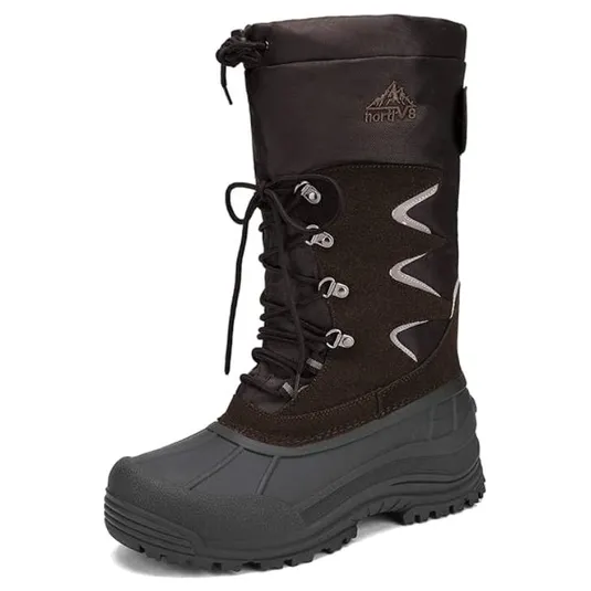 Sturdy black snow boot with a rubber sole, lace-up front, and a high waterproof design suitable for cold weather.