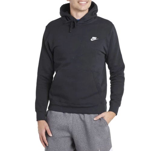 A person wearing a black Nike hoodie with a small white logo and gray sweatpants.