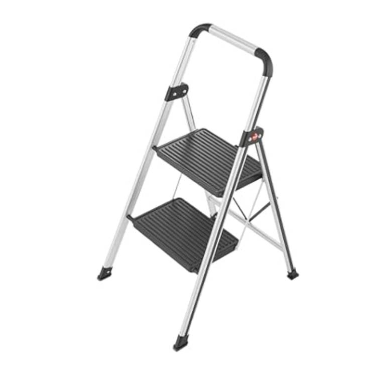 A two-step folding ladder with a metal frame and black, slip-resistant steps, designed for household use.