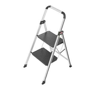 A two-step folding ladder with a metal frame and black, slip-resistant steps, designed for household use.