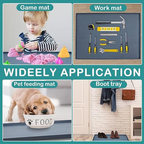 Game, work, pet feeding mats, and boot tray depicted, showing versatile uses for children’s play, organizing tools, feeding pets, and storing footwear.