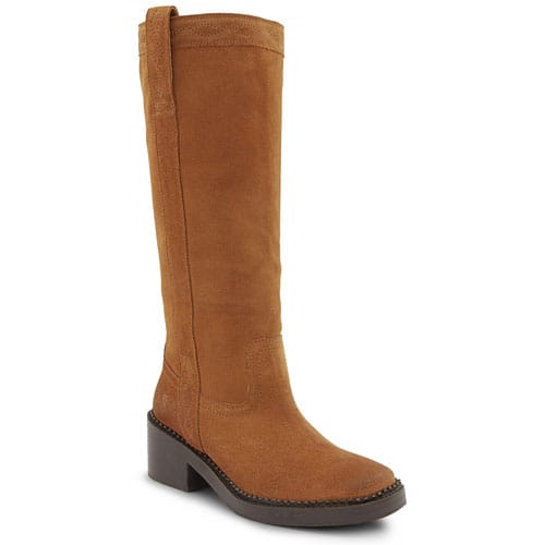 A brown suede knee-high boot with a block heel and pull-on tabs at the top.