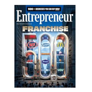Entrepreneur magazine cover features franchise logos such as Jersey Mike's, Culver's, McDonald's, Ace Hardware, Dunkin', Taco Bell, Hampton, Kumon, The UPS Store, and Wingstop within a large \“500\“ display, promoting over 500 businesses available for purchase.