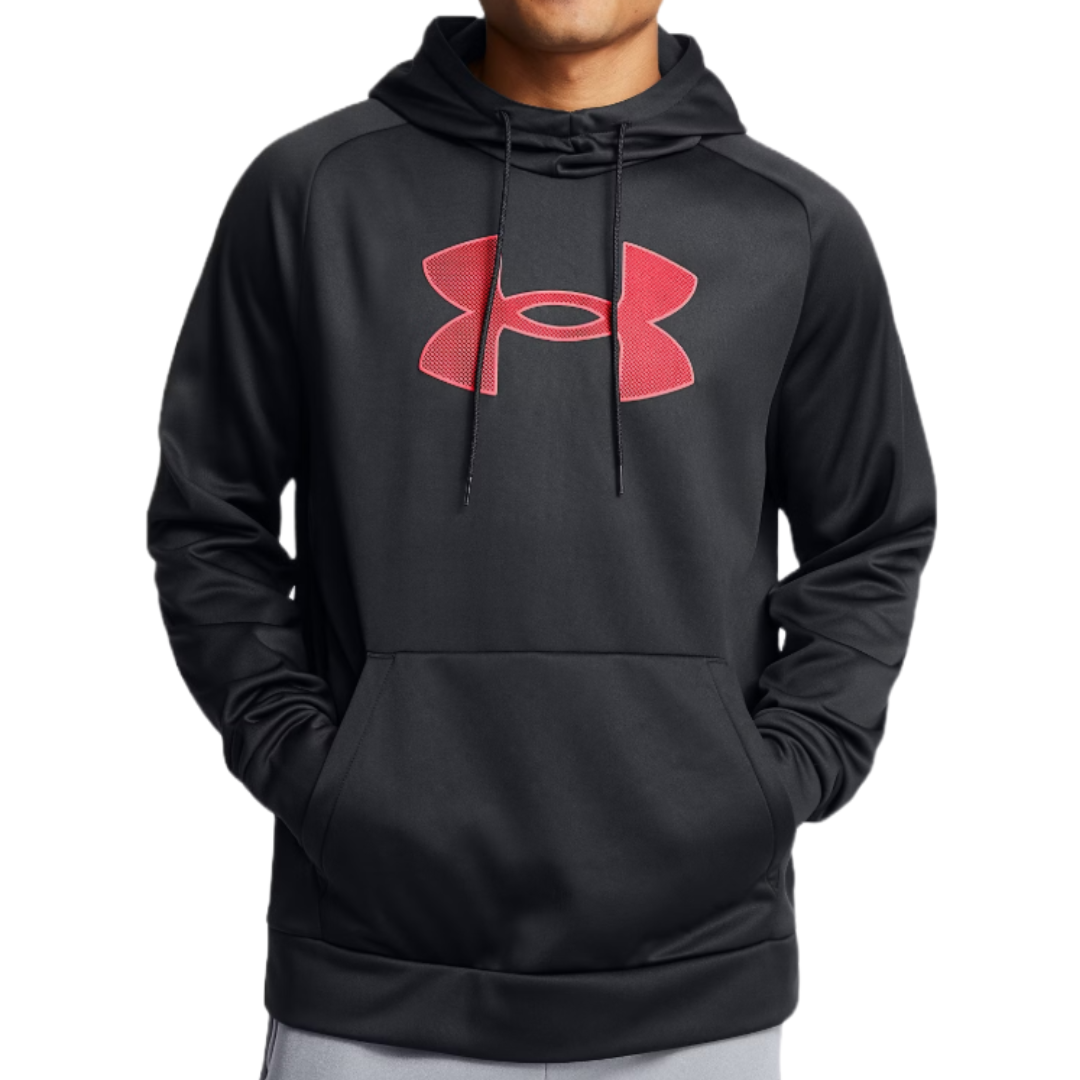 A black hoodie featuring a large red Under Armour logo, with a front pouch pocket and drawstring hood.
