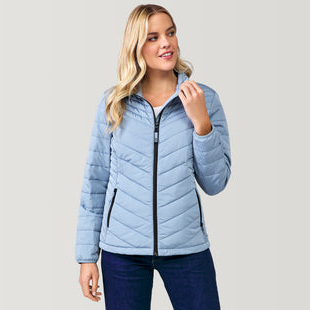 A woman is wearing a light blue quilted jacket with a zipper and dark blue pants.