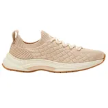 A beige knit sneaker with a quilted pattern, lace-up front, and pull tab on the heel. The shoe features a cushioned sole with a textured rubber bottom.
