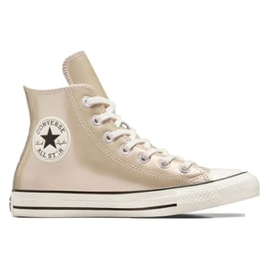 Beige Converse Chuck Taylor All Star high-top sneaker with a white rubber sole, black stripe detailing, and signature logo patch on the side.
