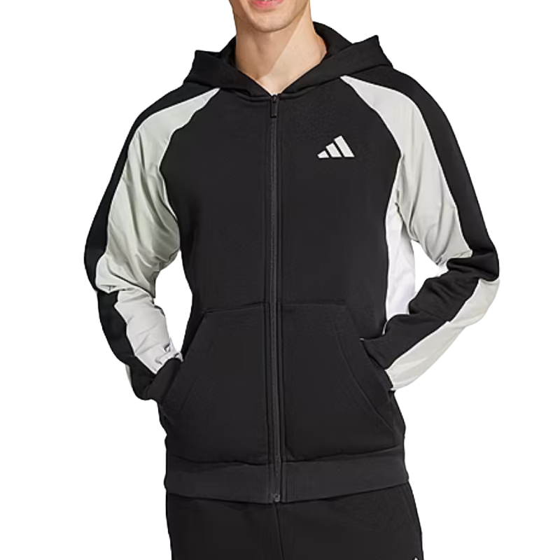 Black and white zip-up hoodie with a logo on the chest, featuring a hood and two front pockets.