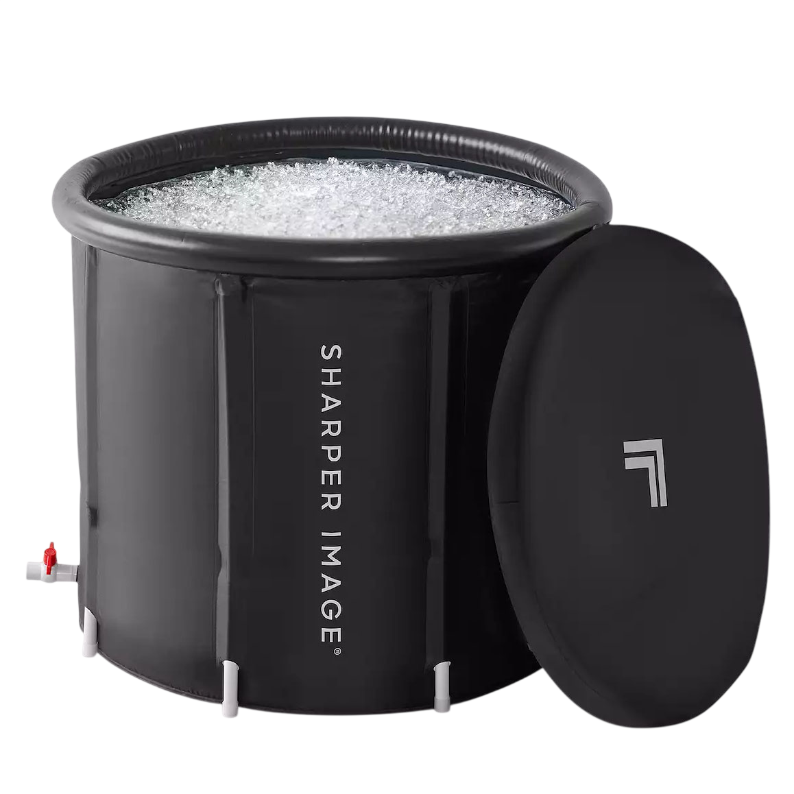 A cylindrical black ice bath with the \“Sharper Image\“ logo, filled with ice, includes a removable lid.