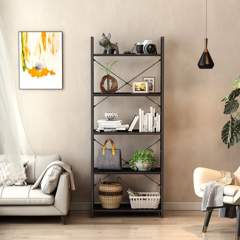 A modern living room with a five-tier bookshelf containing books, decorative items, a camera, and plants, accentuated by a wall painting and pendant light.