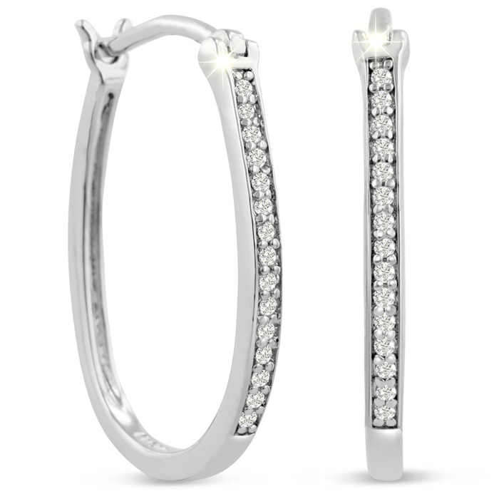 1/4ct diamond hoop earrings featuring a polished white metal setting with a line of round, sparkling diamonds along the front surface. The hoops have a secure fastening mechanism.