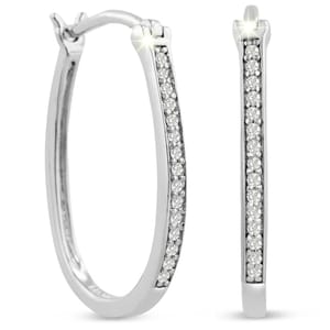 1/4ct diamond hoop earrings featuring a polished white metal setting with a line of round, sparkling diamonds along the front surface. The hoops have a secure fastening mechanism.