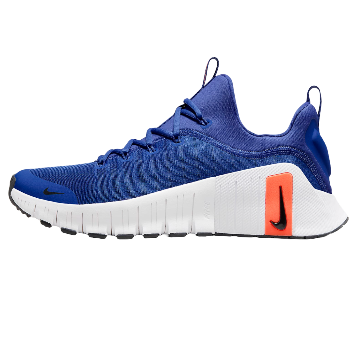 The Nike Free Metcon 6 shoes feature a blue mesh upper with a flexible, white rubber sole and black accents. They include orange detailing on the midsole and have a minimalist design aimed at enhancing natural movement.