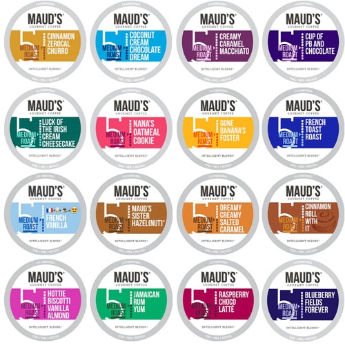 A variety of flavored coffee pods with different names and colors.