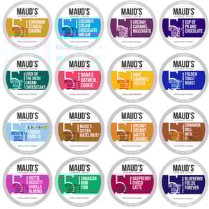 A variety of flavored coffee pods with different names and colors.