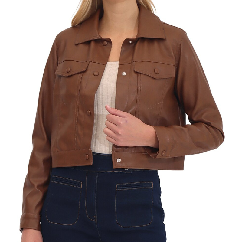 A brown women's trucker jacket featuring front flap pockets, a button-up closure, and a classic pointed collar.