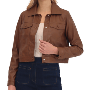 A brown women's trucker jacket featuring front flap pockets, a button-up closure, and a classic pointed collar.