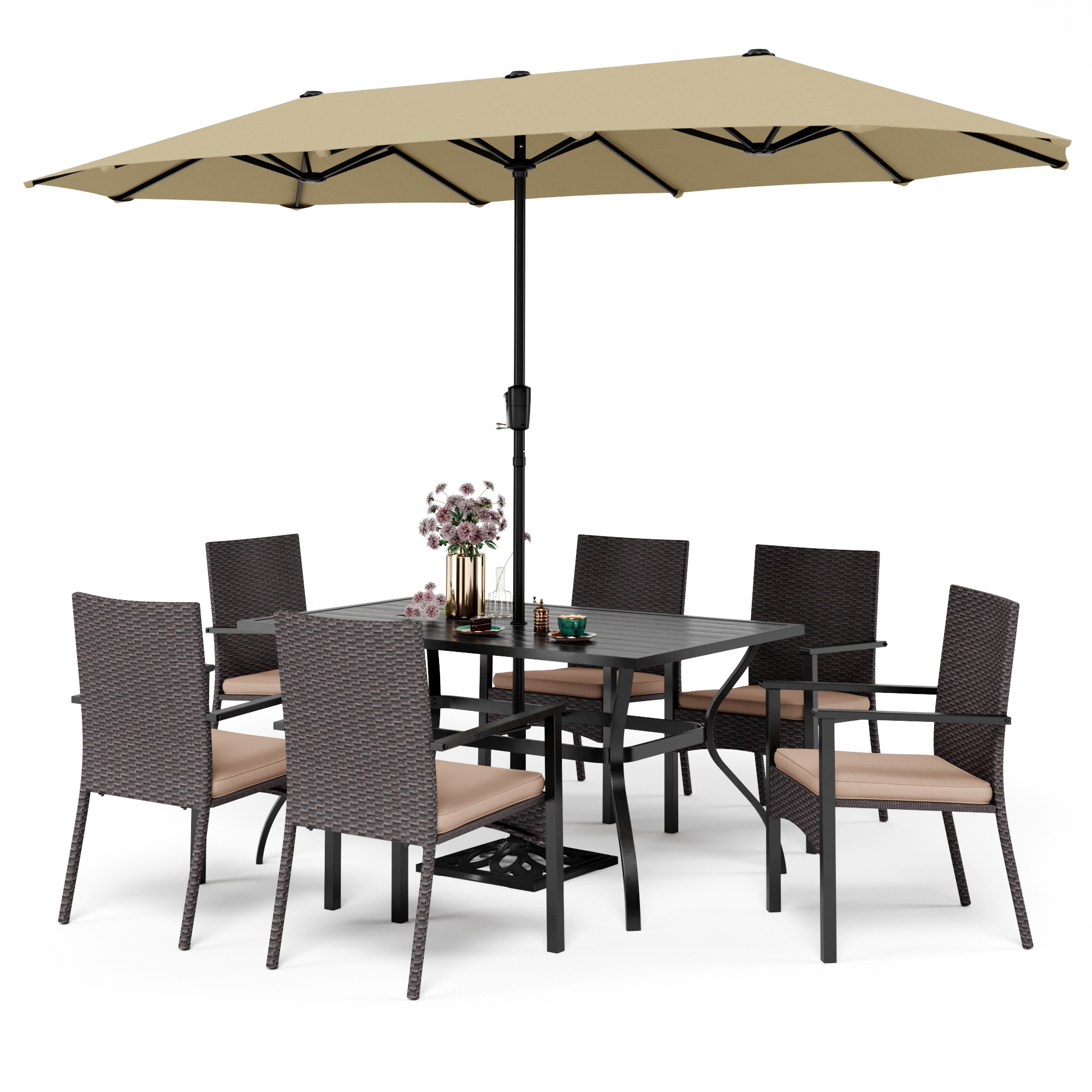 Outdoor dining set with six wicker chairs, a rectangular table, and a beige patio umbrella. A vase with flowers is on the table.