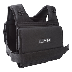 A black weighted vest from CAP featuring adjustable straps and padding for workouts or strength training.