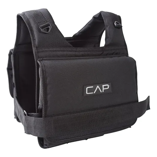 A black weighted vest from CAP featuring adjustable straps and padding for workouts or strength training.