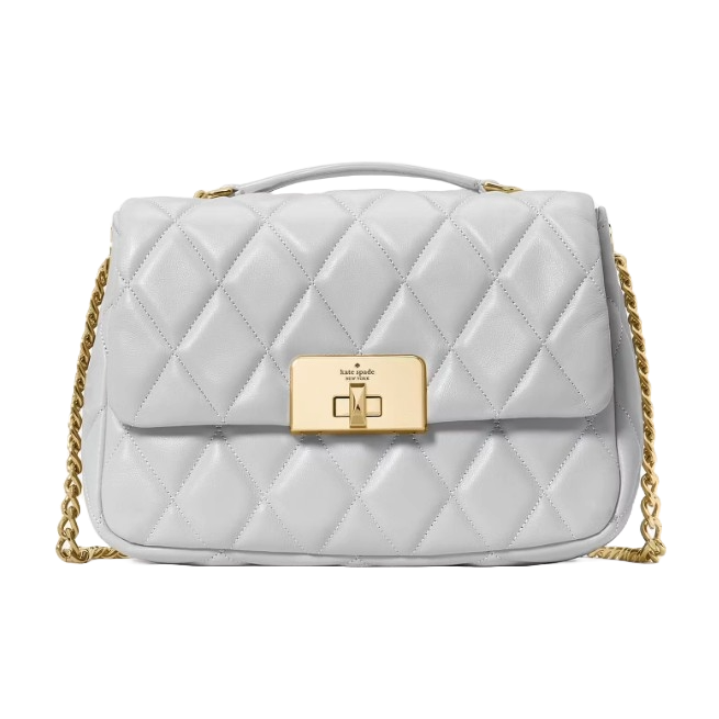 A quilted white handbag with a gold chain strap and a rectangular gold clasp featuring the brand name \“kate spade new york.\“